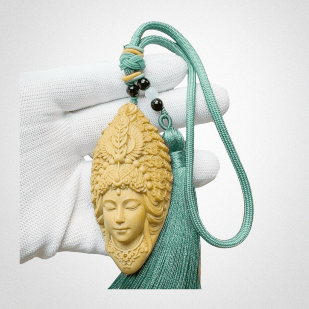 Boxwood Carving "Peacock Great King of Brightness" 7cm Buddha Mother Car Pendant Handle Piece
