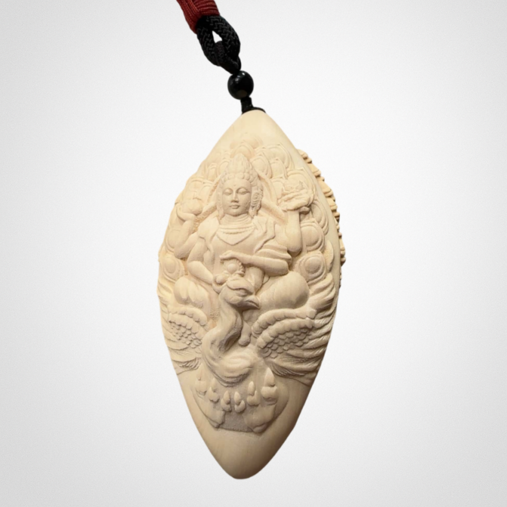 Boxwood Carving "Peacock Great King of Brightness" 7cm Buddha Mother Car Pendant Handle Piece